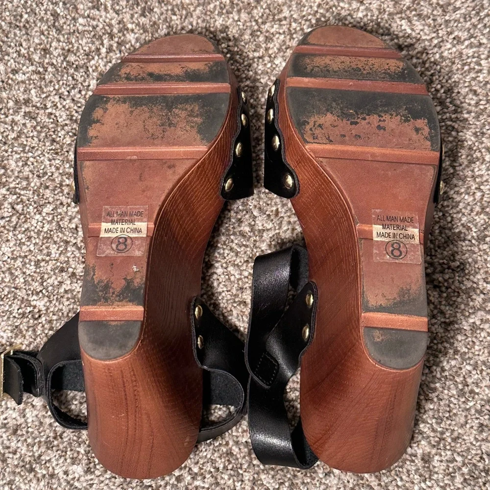 Soda Black and Tan Wedge Sandals